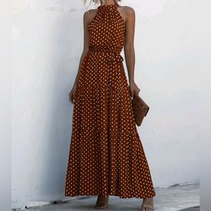Romana High Neck Halter Maxi Dress Polka Dot White
